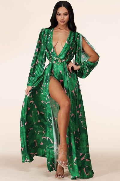 THE SULTRY TROPICAL LEAF PRINT MAXI DRESS